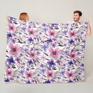 Modern Country Pink Purple Floral Watercolor Fleece Blanket