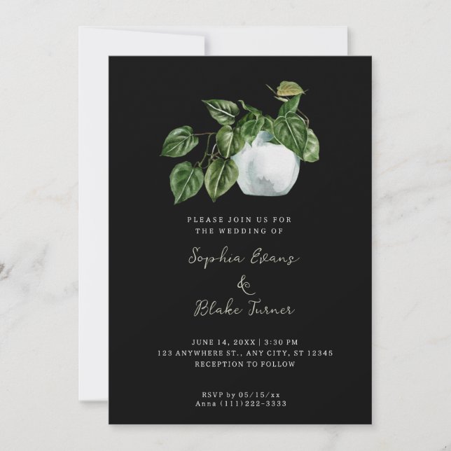 Modern Country Potted Plant Black Wedding Invitation (Front)