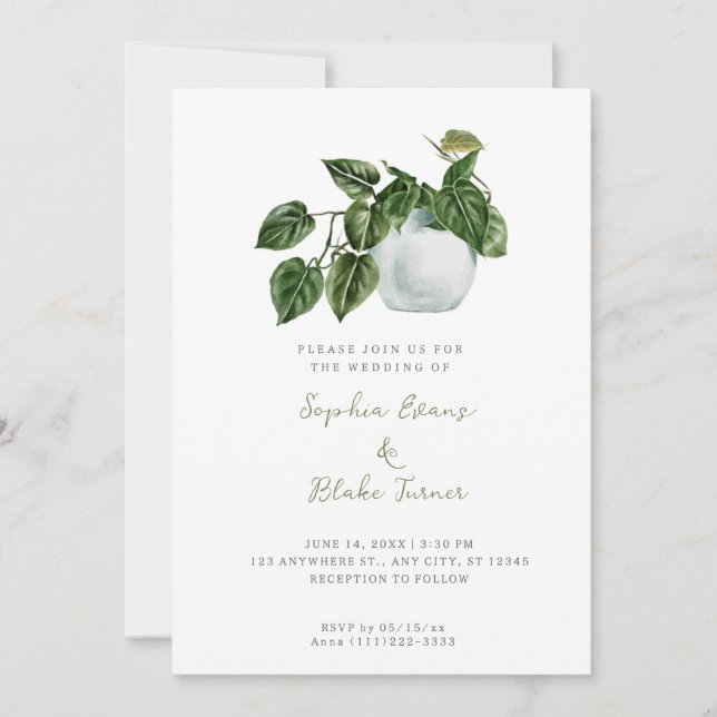 Modern Country Potted Plant White Wedding Invitation (Front)
