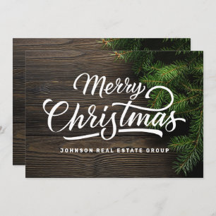 Modern Country Rustic Wood and Green Foliage Pine Holiday Card