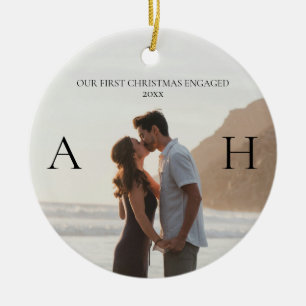 Modern Couple 2 Photo First Christmas Engaged Ceramic Ornament