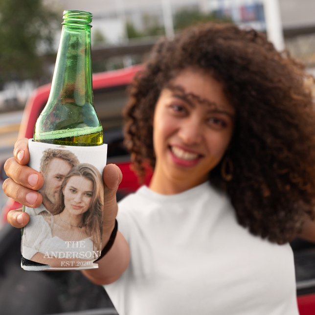 Modern Couple Collage Photo & Minimal Family Gift Can Cooler (Creator Uploaded)