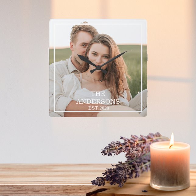 Modern Couple Collage Photo & Minimal Family Gift Square Wall Clock (Creator Uploaded)