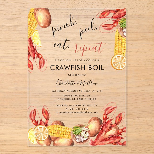 Modern Couple Engagement Crawfish Boil Acrylic Invitations (Front)