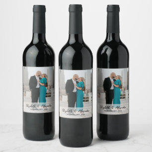 Modern Couple Names Date Photo Wedding Wine Label