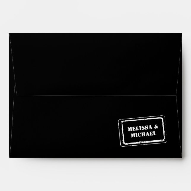Modern Couple Names Stamp Black & White Wedding Envelope (Back (Top Flap))
