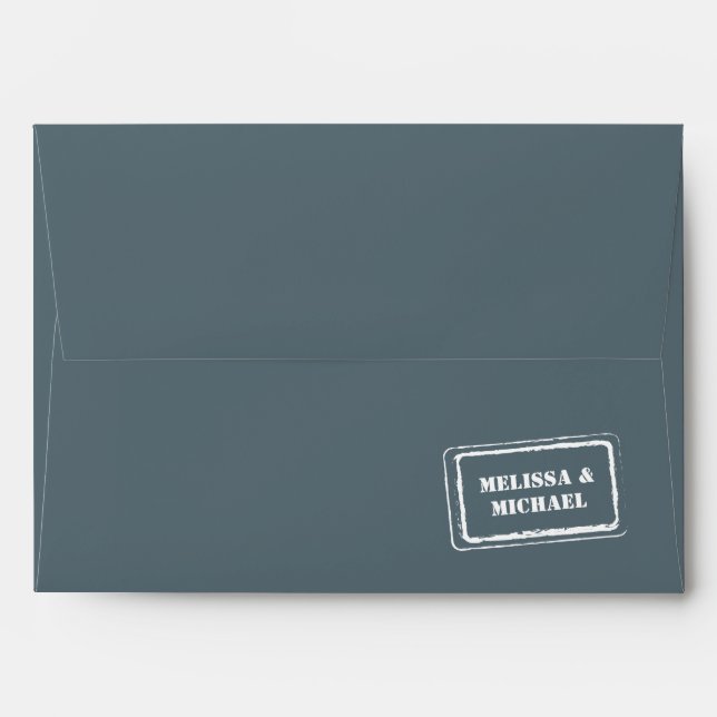 Modern Couple Names Stamp Dusty Blue Wedding Envelope (Back (Top Flap))