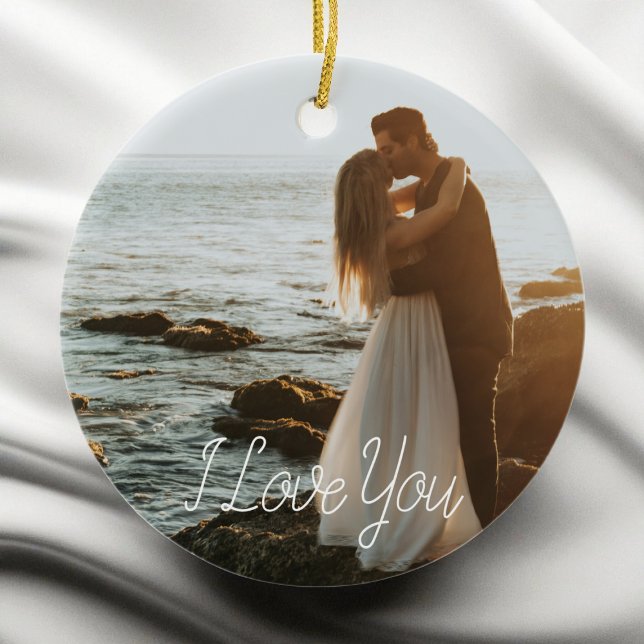 Modern Couple Photo Anniversary Script Red Holiday Ceramic Ornament (Modern Couple Photo Anniversary Script Red Holiday Ceramic Ornament)