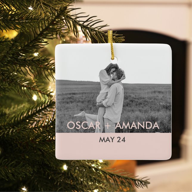Modern Couple Photo Pink & Grey Perosnalized Name Ceramic Ornament (Creator Uploaded)