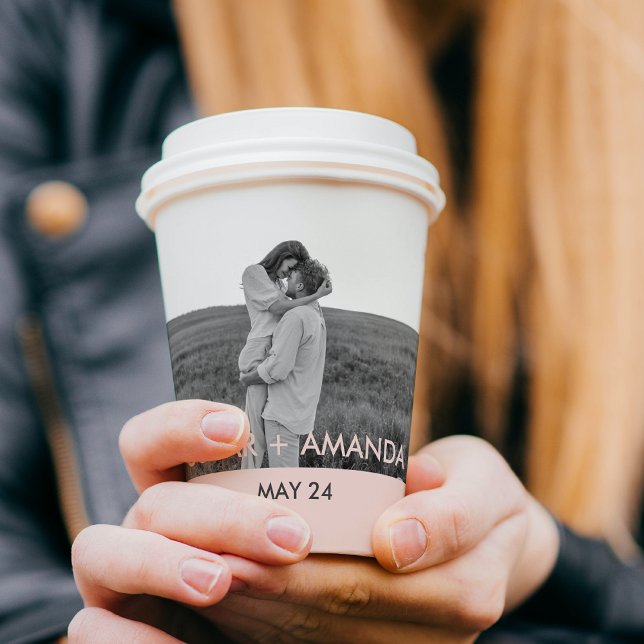 Modern Couple Photo Pink & Grey Perosnalized Name Paper Cups (Creator Uploaded)