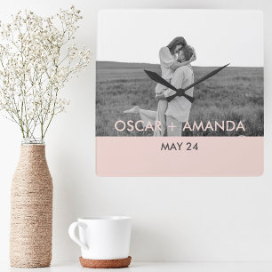 Modern Couple Photo Pink & Grey Perosnalized Name Square Wall Clock