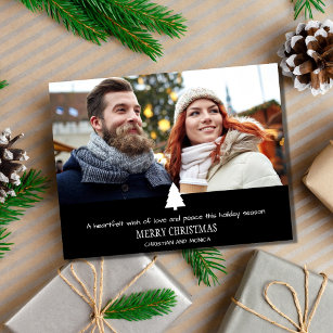 Modern Couple Pine Tree Photo Plaid Christmas Card