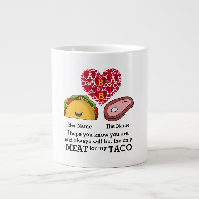 Modern Couple taco and meat lovers custom monogram Large Coffee Mug (Front)