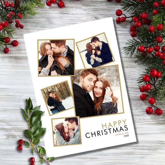 Modern Couples 5 Photo Collage Christmas Holiday Card (Creator Uploaded)