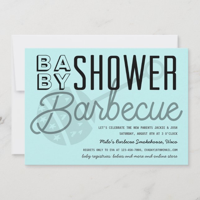Modern Couples Baby Shower Barbecue Light Blue Invitation (Front)
