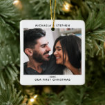 Modern Couple's First Christmas 2-Photo Ceramic Ornament<br><div class="desc">Commemorate your first Christmas as a couple with this modern Christmas ornament, featuring a photo with your names, the year, and the text, "Our first Christmas" on one side, and a full-size photo on the other side. If you need any help customising this, please message me using the button below...</div>