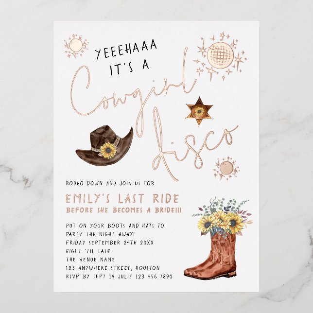 Modern Cowgirl Disco Bachelorette Party Real Foil Invitation Postcard (Front)