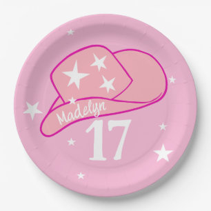 Modern Cowgirl Western Hat Pink Girl 17th Birthday Paper Plate