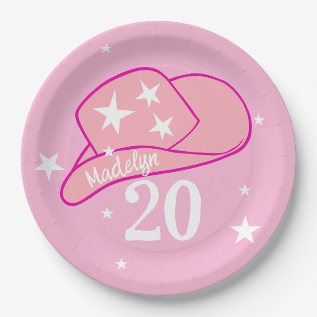 Modern Cowgirl Western Hat Pink Girl 20th Birthday Paper Plate (Front)