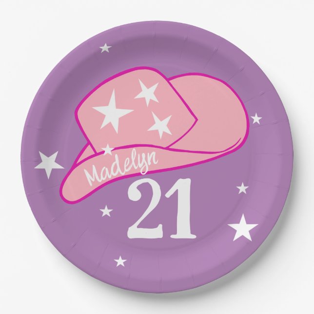 Modern Cowgirl Western Hat Pink Girl 21st Birthday Paper Plate (Front)