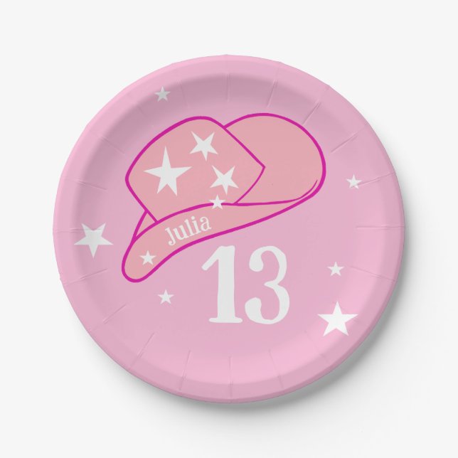Modern Cowgirl Western Hat Pink Sweet 13 Birthday Paper Plate (Front)