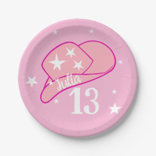 Modern Cowgirl Western Hat Pink Sweet 13 Birthday Paper Plate