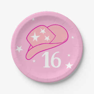 Modern Cowgirl Western Hat Pink Sweet 16 Birthday Paper Plate