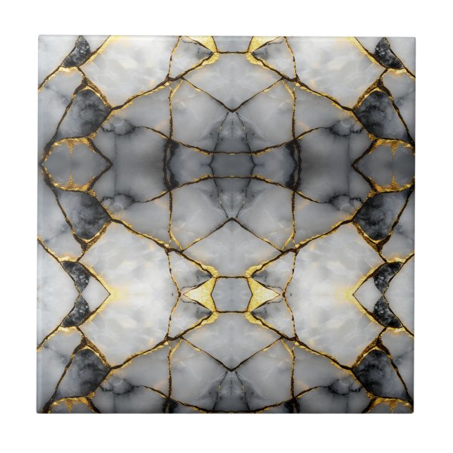 Modern Cracked Gold White & black marble Ceramic Tile (Front)