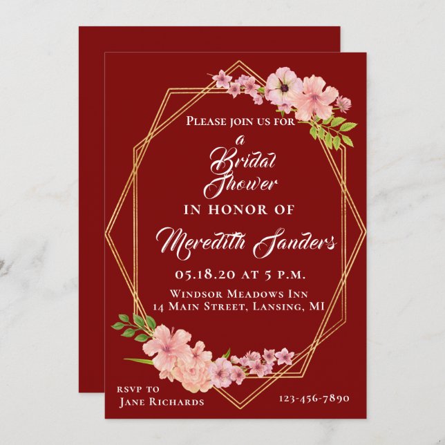 Modern Cranberry Gold And Blush Pink Bridal Shower Invitation (Front/Back)