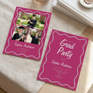 Modern Cranberry Pink Photo Collage Graduation Invitation