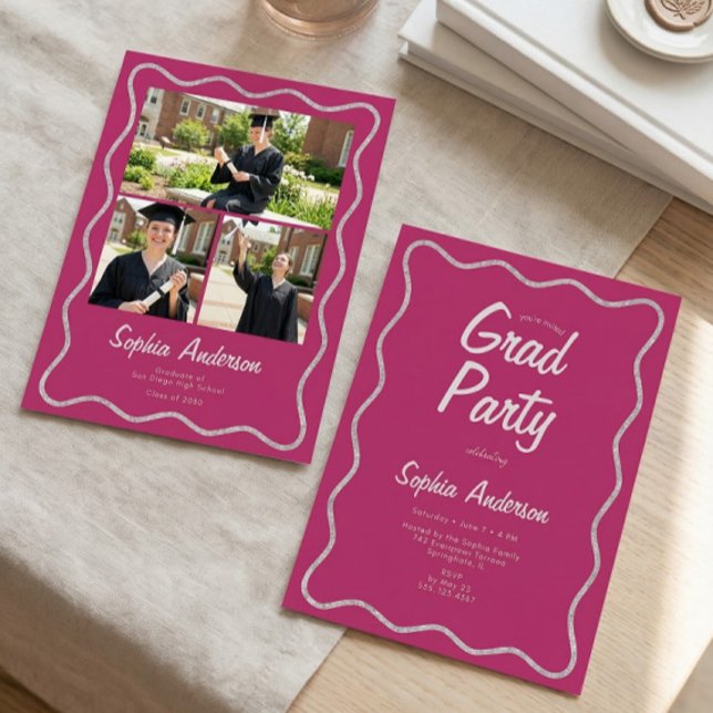 Modern Cranberry Pink Photo Collage Graduation Invitation (Creator Uploaded)