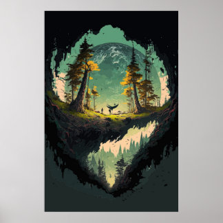 Modern Crater Landscape  With Planet Background  P Poster