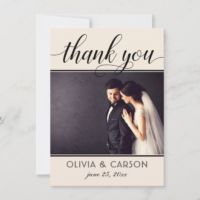 Modern Cream and Black Script Wedding Photo Thank You Card (Front)