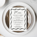 Modern Cream and Black Wavy Frame Wedding Menu<br><div class="desc">Add a vintage touch to your engagement party, rehearsal dinner, or wedding reception with this Modern Cream and Black Wavy Frame wedding menu. The design displays the couple's names, wedding date, and menu options in bold black lettering surrounded by a black wavy frame border against a cream background. The retro...</div>