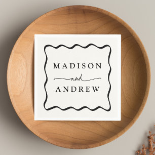 Modern Cream and Black Wavy Frame Wedding Napkin