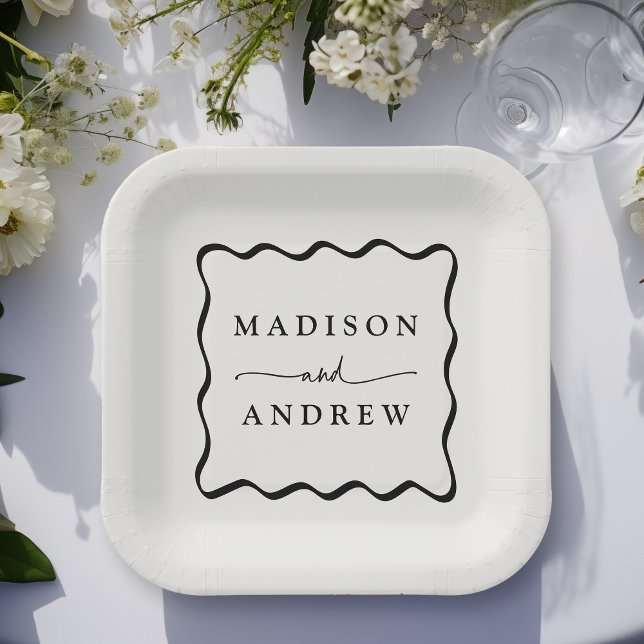 Modern Cream and Black Wavy Frame Wedding Paper Plate (Creator Uploaded)