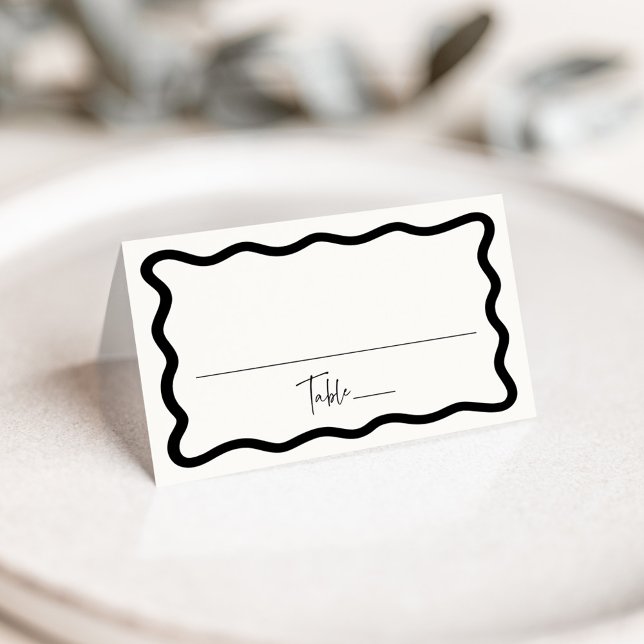 Modern Cream and Black Wavy Frame Wedding Place Card (Creator Uploaded)
