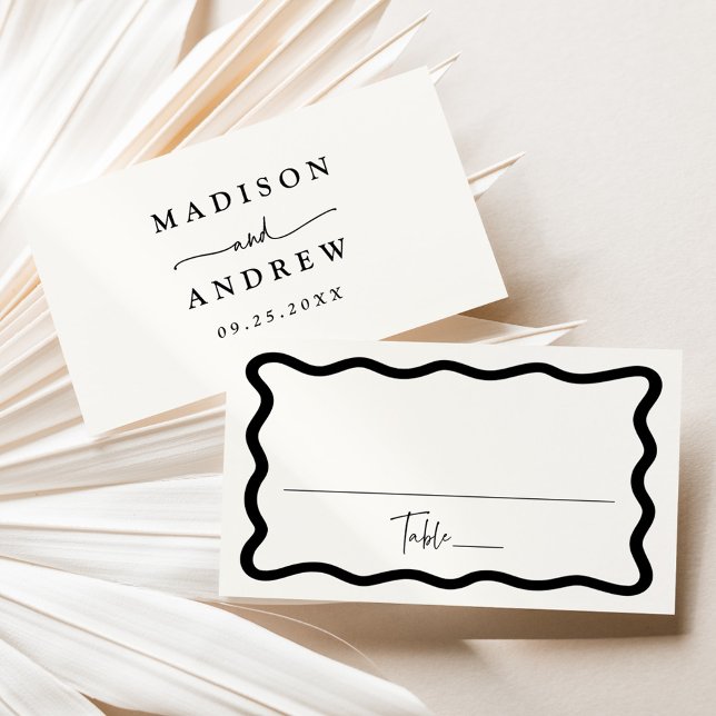 Modern Cream and Black Wavy Frame Wedding Place Card (Creator Uploaded)