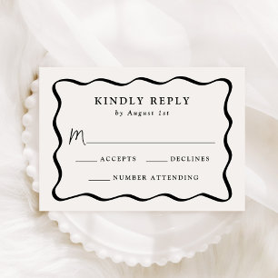Modern Cream and Black Wavy Frame Wedding RSVP Card