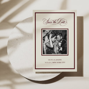 Modern Cream and Burgundy Calligraphy and Photo Save The Date