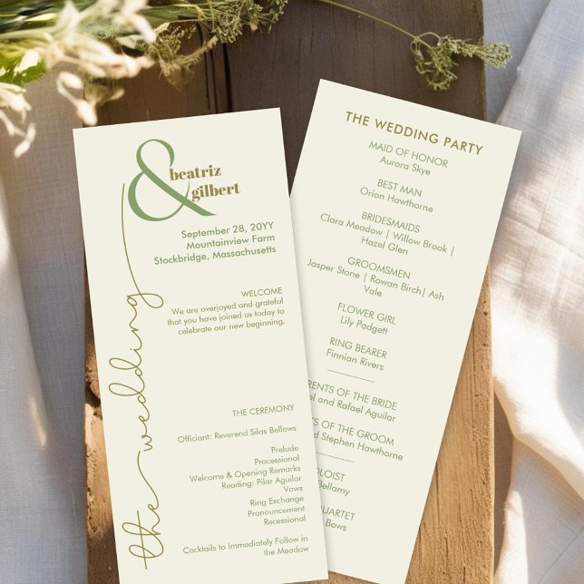 Modern Cream and Green Minimalist Wedding Program (Simple modern wedding program with an elegant ampersand monogram in cream, olive green and moss)