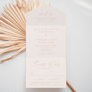 Modern Cream and Rose Gold Foil Monogram Wedding All In One Invitation
