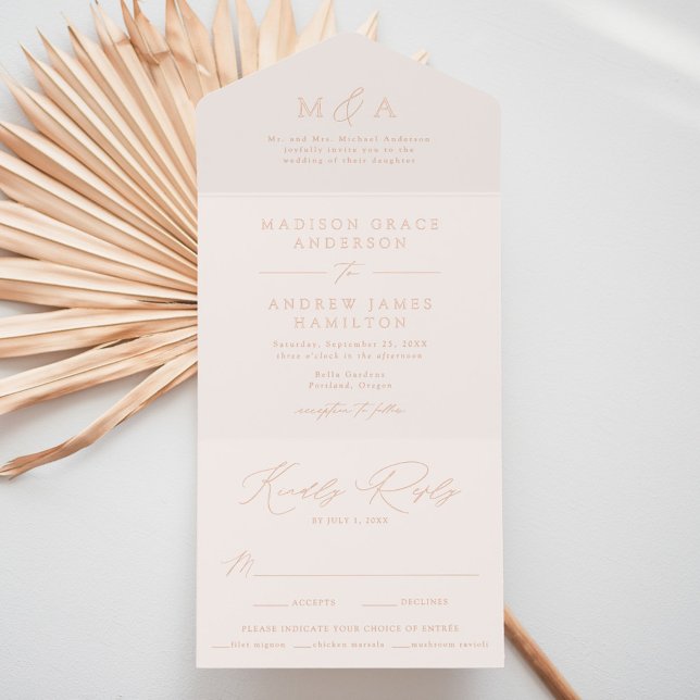 Modern Cream and Rose Gold Foil Monogram Wedding All In One Invitation (Creator Uploaded)