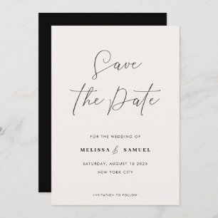 Modern Cream Black Handwritten Script Wedding Save The Date