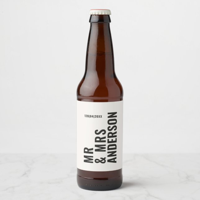 Modern cream black minimal bold simple wedding beer bottle label (Front)
