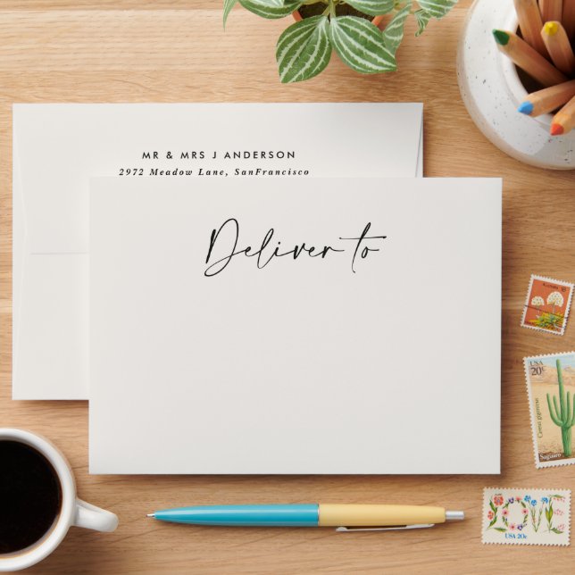 Modern cream black minimal contemporary wedding envelope (Desk)