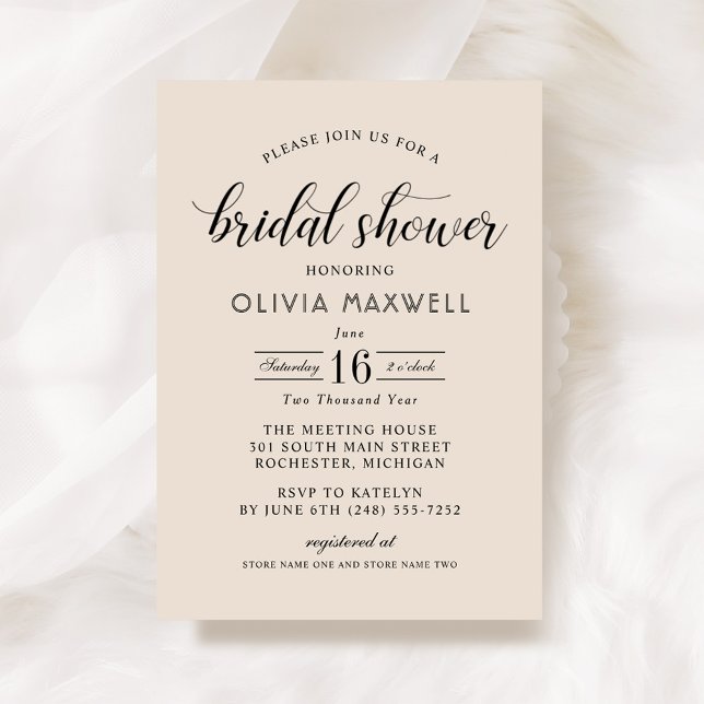 Modern Cream Black Script Wedding Bridal Shower Invitation (Creator Uploaded)