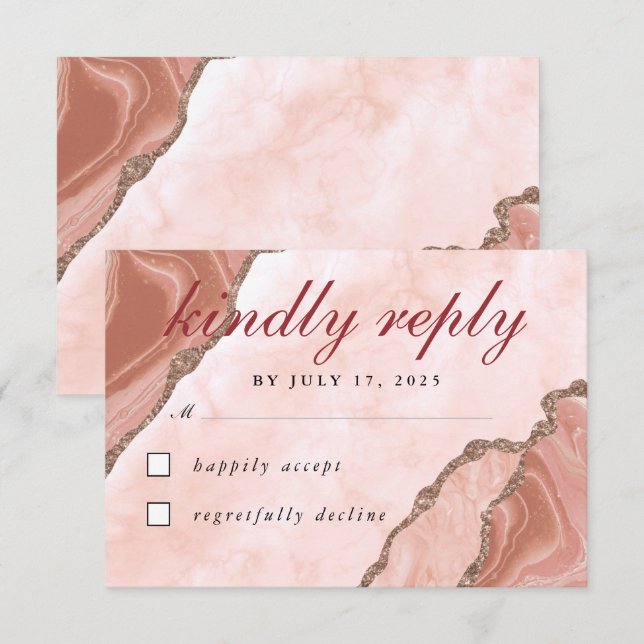 Modern Cream Blush Agate Soft Pink Glitter Gold RSVP Card (Front/Back)