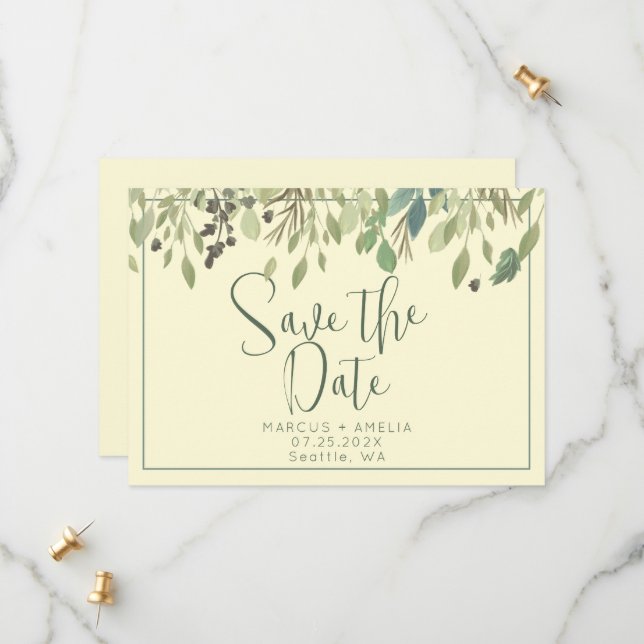 Modern Cream & Eucalyptus Save The Date (Front/Back In Situ)