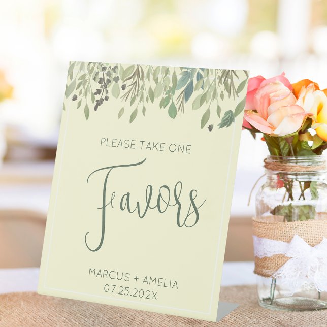 Modern Cream & Eucalyptus Wedding Favours  Pedestal Sign (Creator Uploaded)